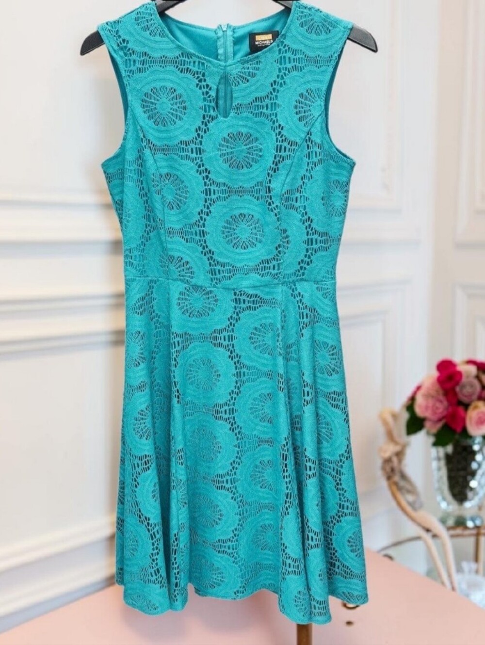 Lori Michaels Collection Fit and Flare Dress Womens 10 Teal Floral Lace Coquette